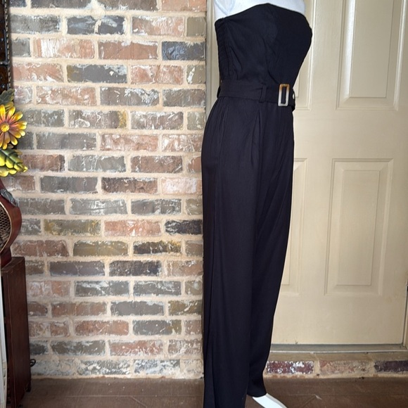 Monteau Black Strapless Jumpsuit Belted Linen Blend Wide-Leg Palazzo Style Sz M - Picture 3 of 13